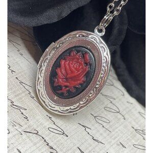 Silver Black Red Victorian Rose Gothic Locket Necklace Pendant Wedding Mother